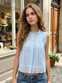 Womens Button Down Tank Tops Trendy Sleeveless Round Neck Lace Trim Solid Color Tops Eyelet Shirts - Celeste - Ver 2
