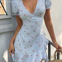MewMuse.  Vestido corto con cuello en V, volantes y estampado de cerezas para mujer - Albaricoque - Ver 7