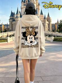 Disney Minnie Mouse Leopard Print Bow Hoodie, Women's Casual Long Sleeve Drawstring Hooded Sweatshirt - 杏色 - 查看 3