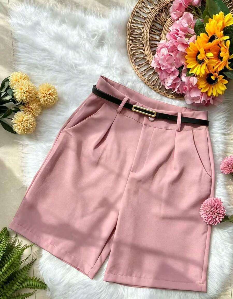 Women's Tailored Bermuda Shorts With Belt, Zipper, And Bag - 淺粉色 - 查看 1