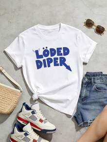 Women's Summer Casual Soft Round Neck Short Sleeve T-Shirt,Loded Diper Blue Text Print Graphic Suitable For Spring And Summer.White - White - View 5