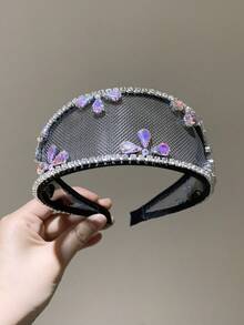 1 pieza Diadema ancha de lujo de malla negra calada con cristales para fiesta, baile de graduación, regalo para novia, accesorio de cabello para vacaciones - Negro - Ver 5