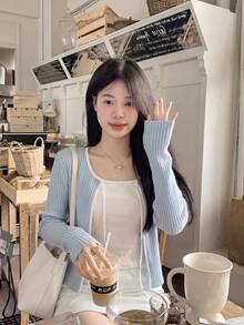 女款輕盈透視開襟針織外套，藍色長袖圓領薄網紗上衣，辦公休閒 Y2K 風格蝴蝶結扣夾克 - 藍色 - 查看 4