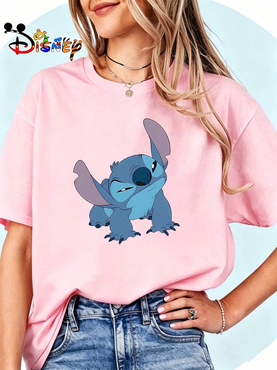 Breathable Cotton Disney Fan Tee | "Sassy Stitch" Cool Blue Alien Character Graphic Print | Park Day Pullover Shirt - 粉色 - 查看 1