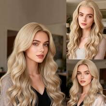 ZigZag Hair 13x4 Inch Lace Front Synthetic Wig, Wavy Texture, Beige & Gold Color, Pre-Trimmed Hairline, Heat Resistant Fiber, Suitable For Party, Daily Wear, Cosplay, Halloween - Blonde Highlight - View 2