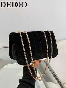 Minimalist Velvet Embroidered Chain Bag - Black - View 10