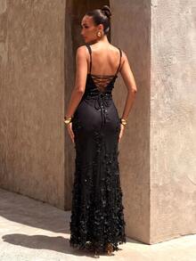 UNITHORSE Women's Square Neck Backless Tie-Waist Sequin Beaded Bodycon Dress, Evening Gown - Black - View 2