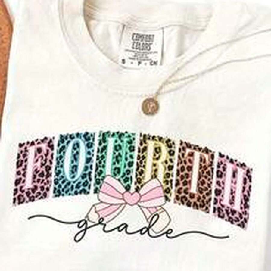 Fourth Grade Tea S1Hirt, Coquette 4th Grade , Fourth Grade Tea Appreciation Gift, Leopard Eletarchool Cotton - 白色 - 查看 1