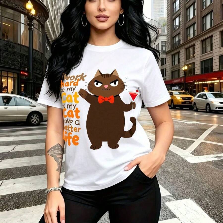 Camiseta de mujer con estampado divertido de gato enojado con corbata roja y copa de martini que dice "Trabajo duro para que mi gato tenga una mejor vida" - camiseta casual de manga corta con cuello redondo, ajuste cómodo y estilo urbano perfecto par - Blanco - Ver 1