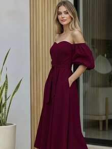 Women's Off-The-Shoulder Long Dress With Adjustable Belt And Puff Sleeves - Wine - View 3