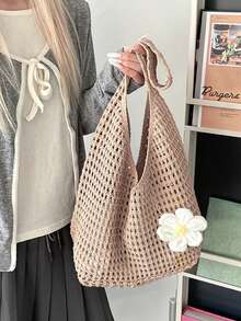Yogodlns 鏤空編織波希米亞風大容量隨性女款休閒鉤針花卉海灘購物托特包 - 卡其色 - 查看 4