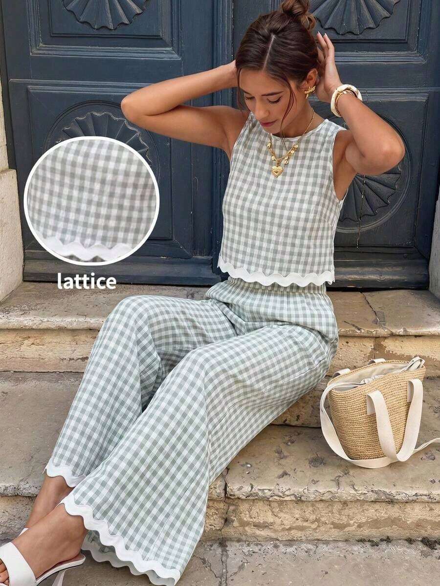 Conjunto de 2 piezas de chaleco y pantalones a cuadros casuales de vacaciones para mujer - Albaricoque - Ver 1