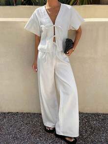 Conjunto de top con manga corta y amarre al frente, y pantalones vaqueros de corte holgado para mujer - Blanco - Ver 4