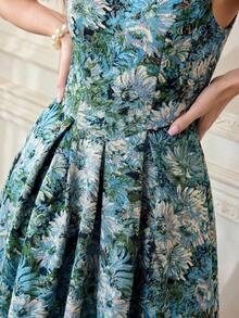 Vestido de mujer elegante y clásico vintage, vestido de jacquard ajustado para primavera/verano, vestido de cuello barco, vestido floral rosa sobre base albaricoque, vestido con flores de rosa, vestido de vuelo de longitud media - Azul - Ver 8
