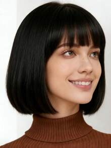 Wig Lurus Hitam 12 Inci dengan Poni, Serat Sintetis Tahan Panas, Lembut dan Mengembang, Desain Bernapas dan Nyaman, Cocok untuk Pemakaian Sehari-hari Wanita, Pesta, Halloween, Cosplay, Karnaval, Wig Modis dan Serbaguna - Hitam - View 8