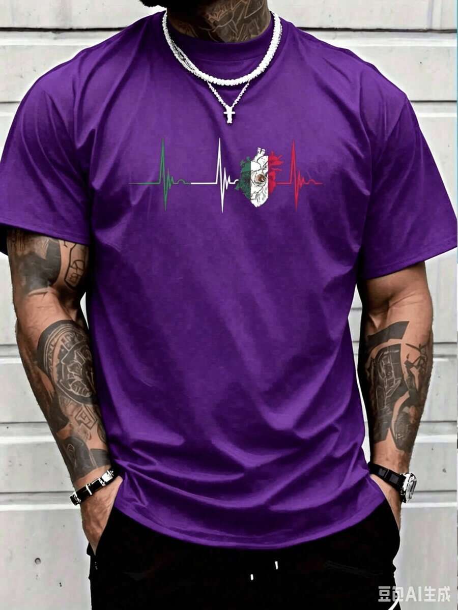 Cotton Graphic Tees100% Cotton Mexico Heart Mexico Flag Heartbeat EKG Pulse Mexican Pride T-Shirt Women's Men Graphic Teesummer Tops - Màu tím - Xem 1