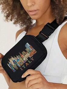 1pc Milan Italy Pattern Mini Crossbody Bag, Adjustable Shoulder Strap Italian Print Waist Bag, Nylon Small Waist Bag, Sports Fitness Waterproof Storage Bag, Multifunctional Crossbody Chest Bag, Small Waist Bag, Fitness Running Travel Hiking, Back To School Gift - Multicolor - View 6