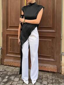 Damen-Top im französischen Stil, einfarbig, asymmetrisch, Schwarz, leicht, elegant, bequem, lässig, für Sommer, Party, Abend und Dinner, Essential - Schwarz - Übersicht 1