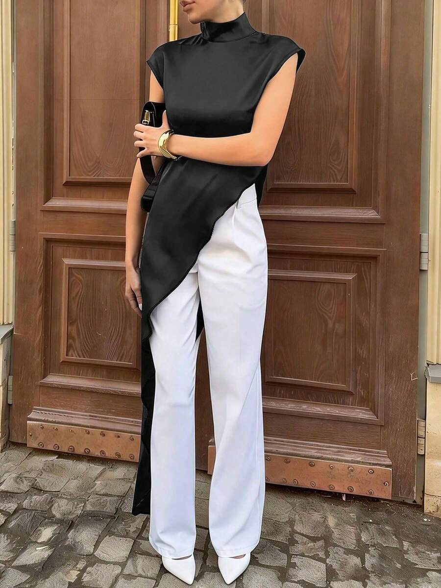 Damen-Top im französischen Stil, einfarbig, asymmetrisch, Schwarz, leicht, elegant, bequem, lässig, für Sommer, Party, Abend und Dinner, Essential - Schwarz - Übersicht 1