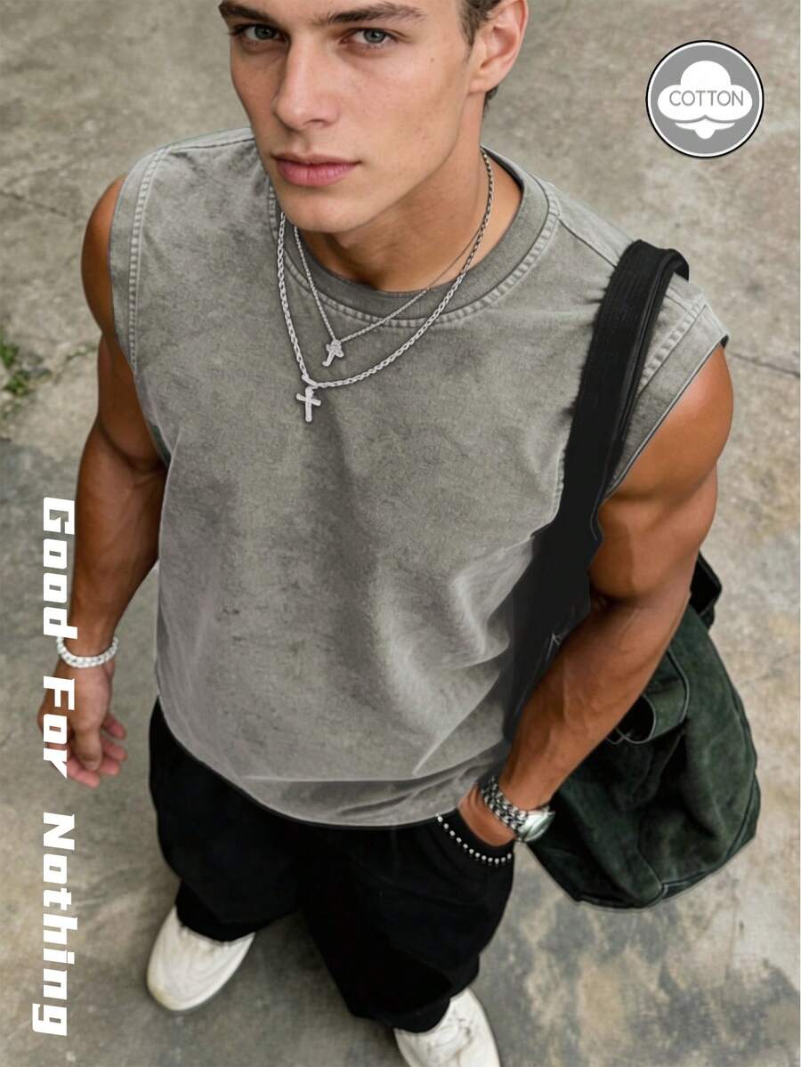 Regata Masculina Estilo Relaxado, Preta Desgastada, Solta e Sem Mangas, Acabamento Desgastado Lavado + Corte Largo, Estilo Vintage Streetwear Chamativo para o Verão