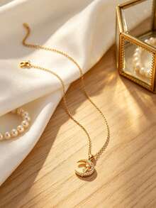 1PC Classic Elegant Style Stainless Steel Pendant Necklace With Moon And Rose Design Inlaid Glass Decoration, Suitable For Women's Daily Wear, Shopping, Parties Or Gatherings - Yellow Gold - View 9