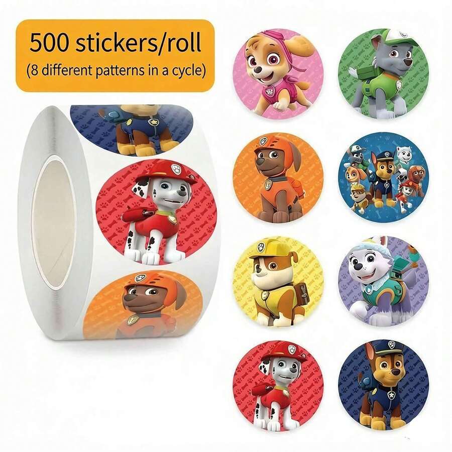 500 Sticker Roll MINISO Paw Patrol Adhesive Paper Smooth Finish Strong Sticky Decals For Gift Wrapping Scrapbooking Journaling DIY Craft Planner Decoration - Style 1 - View 1