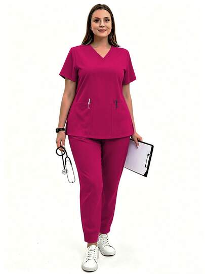 (2-Piece Set)Women's Jogging Brushed Stretch Sports Nurse Uniform Scrub Top Workwear Pocketed Clothing Breathable Scrub Top And Pants Set