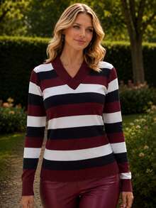 Women's Cold Weather Blouse | Women's Striped Long Sleeve Blouse | Striped V-Neck Blouse | Stripes - 紅木色 - 查看 1