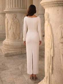 Modphy Neu eingetroffenes schwarzes sexy langärmliges V-Ausschnitt handgefertigtes perlenbesetztes figurbetontes langes Kleid, elegant für Abendgala und formelle Anlässe Hochzeitsparty Weiß Herbst - Weiss - Übersicht 6