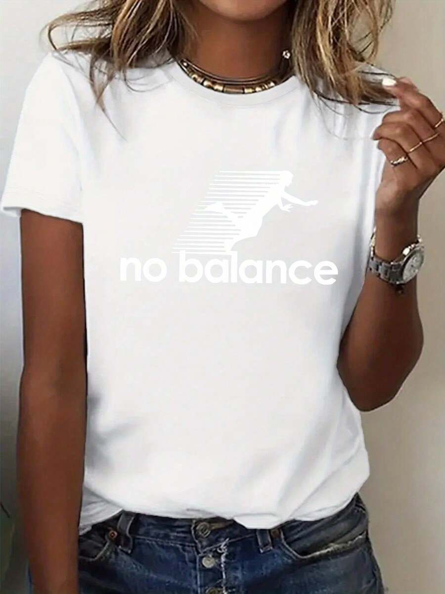 Camiseta unisex de manga corta, camiseta de mujer con estampado de silueta blanca y texto 'No Balance', cuello redondo, playeras hombre, spiderman, ,  mujer, romwe men, boho chic, regalos para maestros, camiseta de mujer, ropa curvy para hombre, y2k. - Blanco - Ver 1