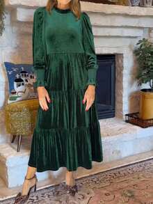 1Pcs Women Velvet Long Sleeves Elegant Casual  Stand Ruffle Collar  Maxi Dress Ruffle/ Smocked Cuffs  Layered Hem For Night Out  Party  Daily Holiday - Dark Green - View 2