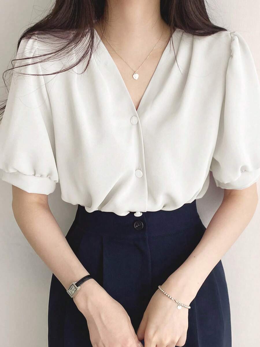 CZJ Camisa de manga corta de unicolor con escote en V y botones delanteros para verano - Blanco - Ver 1