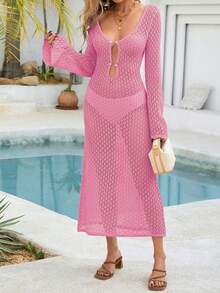 Women's Long Sleeve Hollow Out Swimsuit Cover Up, Elegant Bohemian Style V-Neck Maxi Dress For Vacation Beach Summer - Cherry Blossom Pink - View 11