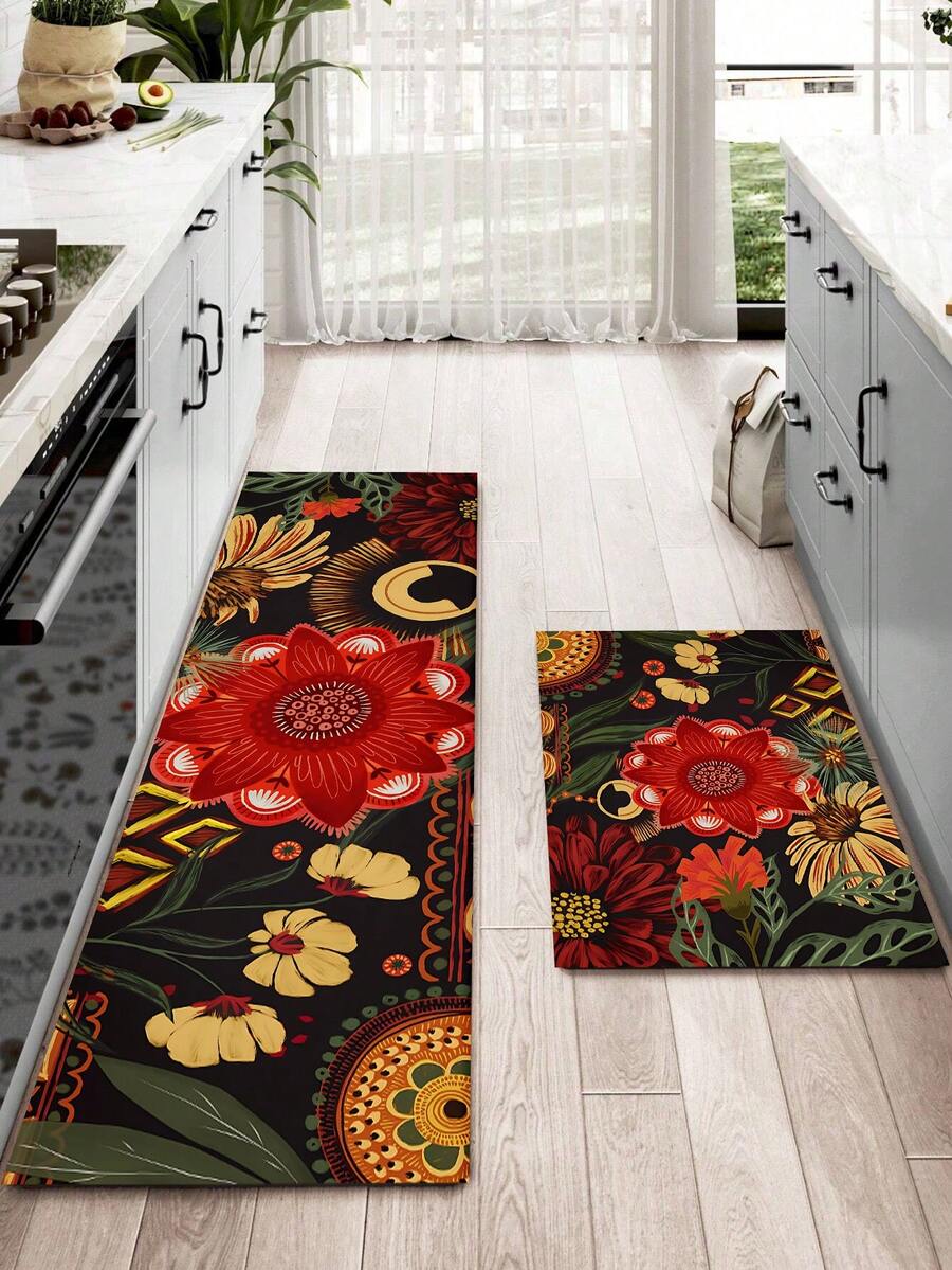 1/2pcs Bohemian Style Floral Kitchen Mat Set, Modern Country Style Floral Kitchen Rug And Mat, Non-Slip Washable, Suitable For Spring/Summer Bohemian Style Kitchen Long Rug, Rubber Bottom Support - Multicolor - View 1