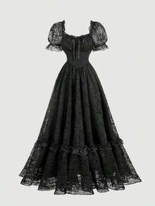 MOD Vestido con volantes y mangas de pétalos de encaje floral rosa - Negro - Ver 2