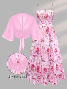 Ensemble 2 pièces pour femmes avec cardigan en mousseline élégant + robe imprimée, imprimé floral romantique sur tout le corps, élégant bohème sexy pour la nuit, les vacances, la plage, rose d'été - Rose bonbon - Voir 4