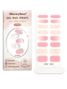 Showyboo 半固化凝膠美甲貼片 16 片裝，柔和裸粉色花卉燙金線條設計全包覆美甲貼，高光澤亮面，持久耐磨，適合女士與女孩日常、婚禮、約會及拍照美甲使用 - 淺粉色 - 查看 6