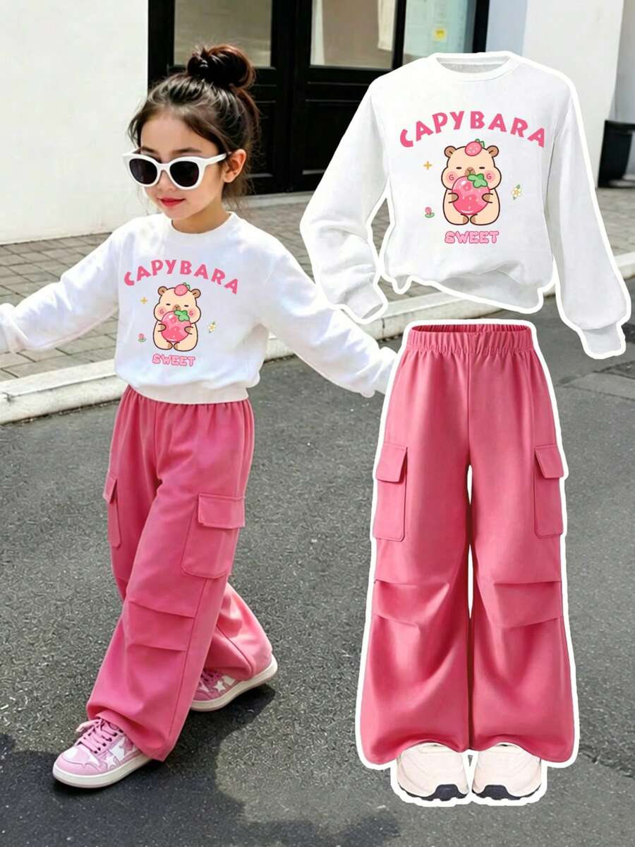 Young Girl Crew Neck Letter Cartoon Print Long Sleeve Sweatshirt And Elastic Waist Cargo Pants Casual Daily Set - Pink - View 1