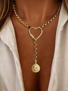 1pc Gold Heart Necklace With Full Rhinestone Round Pendant And Stainless Steel Chain, Elegant Holiday Party Gift For Women - Yellow Gold - View 3