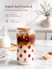 MEOKY 16oz Glass Cup With Lid And Straw, Cute Pattern Clear Borosilicate Glass Tumbler, Daily Drinking Cup For Home, Office Coffee, Back To School & Holiday Gift, For Girls And Students - Transparent Strawberry - View 6