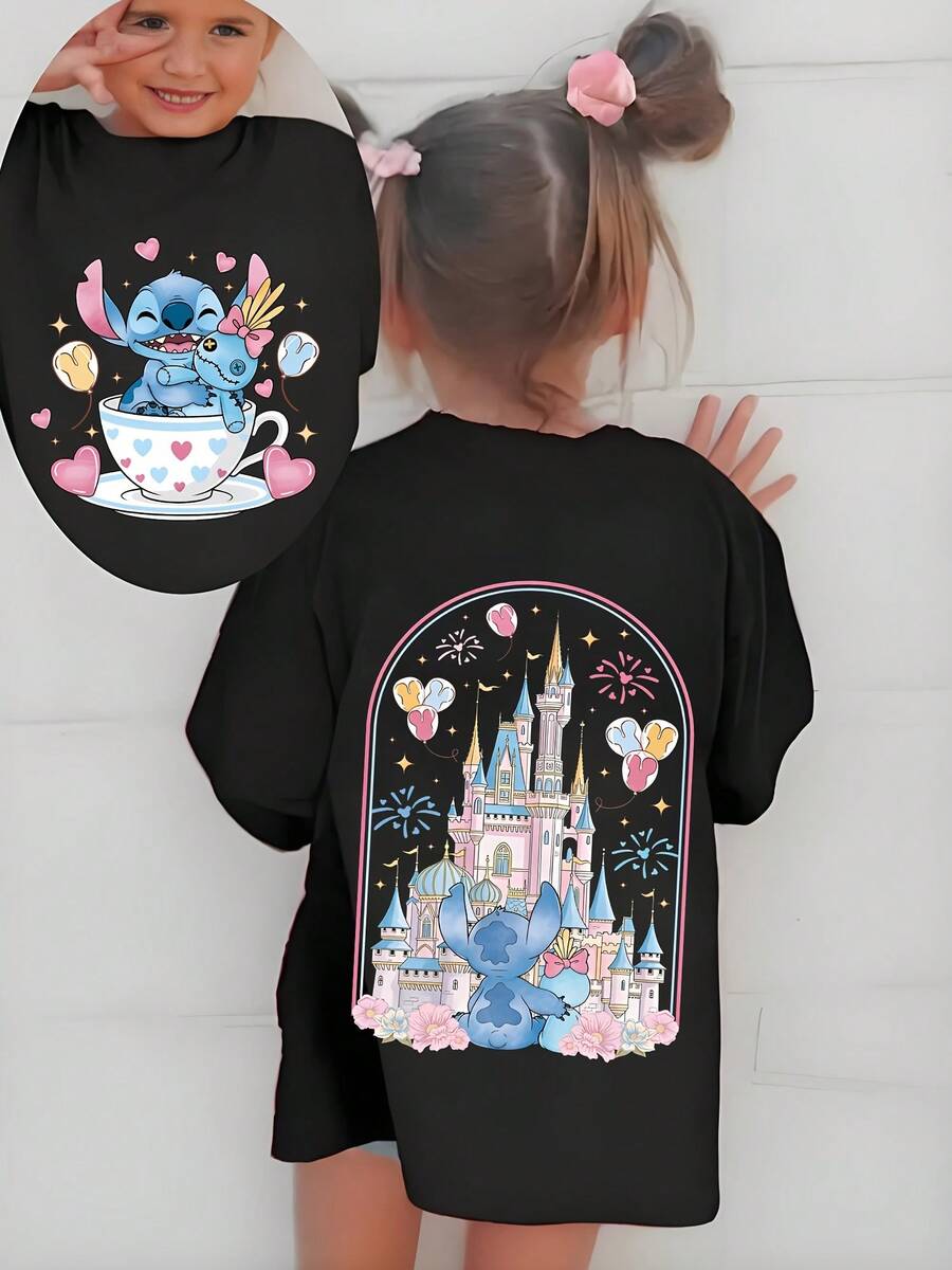 (Disney) Amusement Park Castle Clothes, (Stitch) & (Lilo), Cute Pink Tops That Girls Like In Summer, Red T-Shirts, Skin-Friendly And Soft Fabric, Elastic And Breathable, Fashionable , Suitable For Both Boys And Girls, A Back-To-School, Holiday - Black - View 1