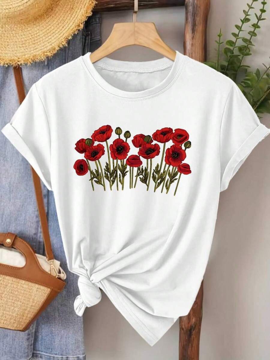 Vintage Red Poppy Flower T-Shirt For Women # T-Shirt 039; With A Spring Poppy Flower Pattern, Ideal Gift For Summer - White - View 1