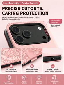 Multifunctional Wallet Phone Case Compatible With Apple 17 Pro MAX, Card Holder Phone Case 17, Apple 16 Pro Max Card Holder Phone Case, Wallet Flip Phone Case Compatible With Apple 16 Pro/Apple 13/Apple 11, Credit Card Holder Phone Case Compatible With Samsung S26 Ultra/ S25 Ultra; Built-In Practical Stand Phone Case 17 Pro, Flip Protective Case With Magnetic Buckle. Suitable For Daily Use Honor Phone Case. Waterproof, Shockproof, Anti-Drop, Anti-Scratch, Full Coverage Design Smartphone Case. Summer Floral Embossed Apple Phone Case. - Pink - View 6