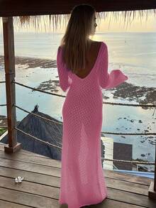 Women's Long Sleeve Hollow Out Swimsuit Cover Up, Elegant Bohemian Style V-Neck Maxi Dress For Vacation Beach Summer - Cherry Blossom Pink - View 6