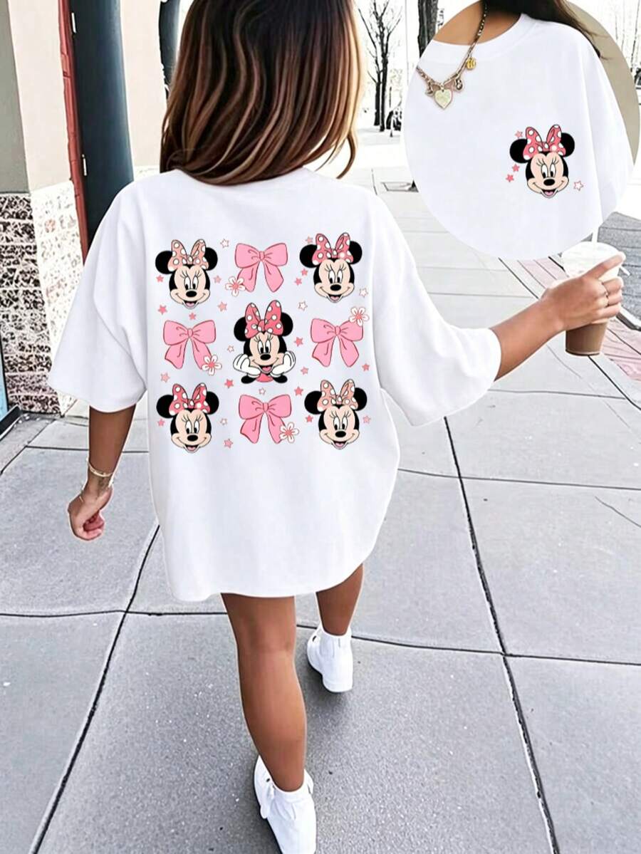 Disney Minnie Mouse Girls T-Shirt 2-14Y, Pink Bow & Minnie Head Graphic Print, Soft Short Sleeve Casual Top, Perfect For Disney Trips & Daily Wear, Express Delivery - trắng - Xem 1