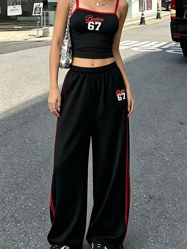 少女吊带背心+直筒宽松裤，美式条纹时尚活力透气休闲套装 - 黑色 - 查看 9