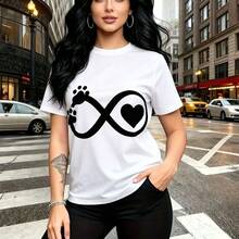 Camiseta de mujer con estampado de símbolo infinito, huella de pata y corazón en diseño urbano - camiseta holgada de cuello redondo, ajuste cómodo y relajado, estilo casual moderno - ideal para paseos por la ciudad, salidas nocturnas y regalo perfect - Blanco - Ver 7