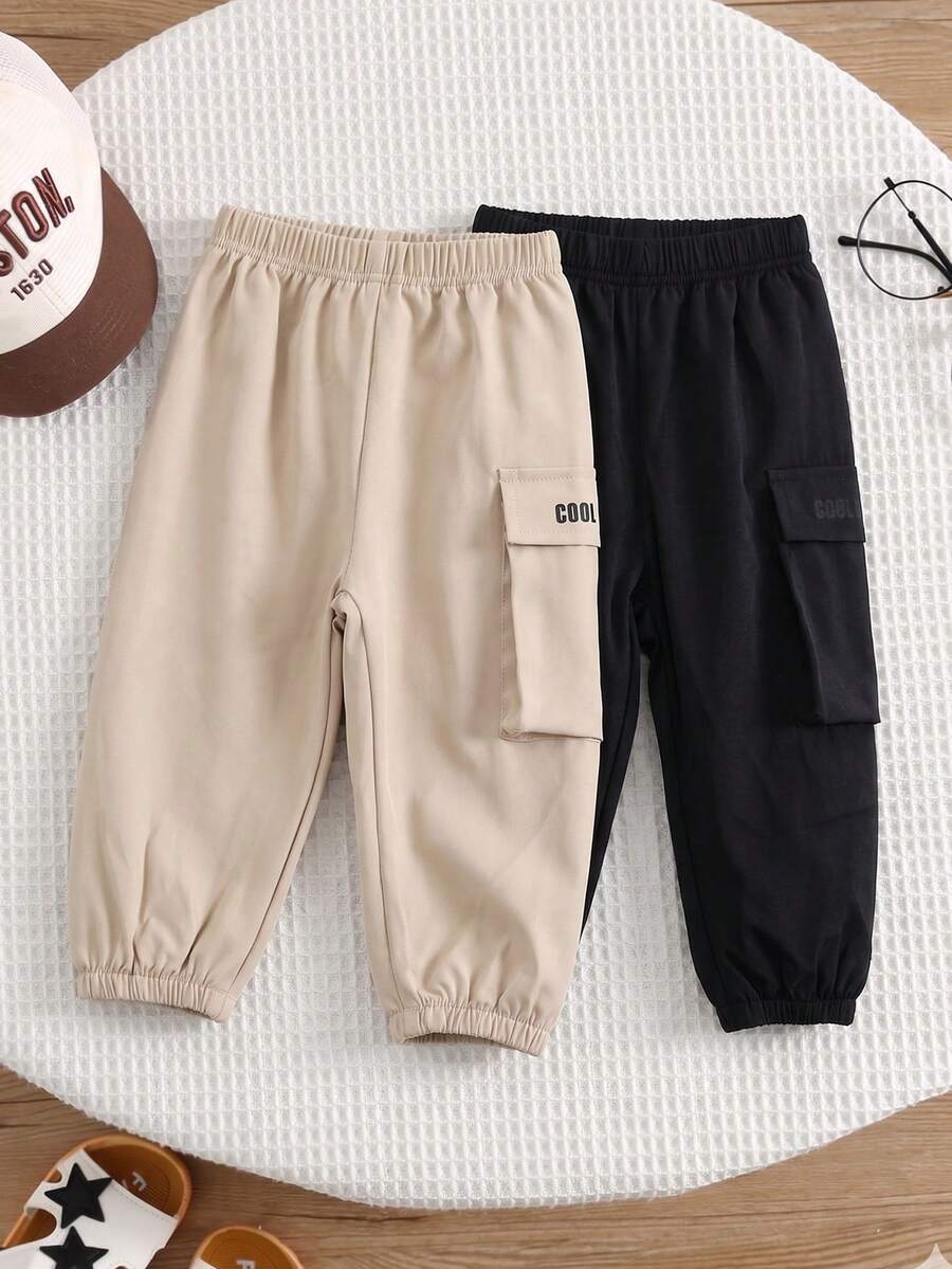 2 piezas Conjunto de pantalones casuales de verano de tela tejida con cordón para niños pequeños - Multicolor - Ver 1