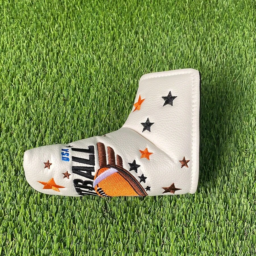美式橄榄球主题高尔夫推杆套，趣味刺绣，星形印花，通用推杆保护套，运动风格高尔夫球包配件 - 白色 - 查看 1