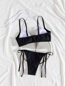 wohenmeili 女款夏季海灘拼接掛脖綁帶性感比基尼套裝，對比色時尚比基尼，適合海灘度假，送給她的理想選擇 - 黑白 - 查看 7